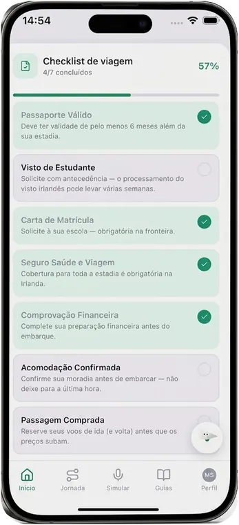 Checklist de viagem do Departi: passaporte, visto, matrícula, seguro e comprovação financeira