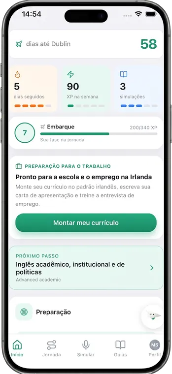 Tela inicial do Departi: 58 dias até Dublin, XP da semana e próximo passo