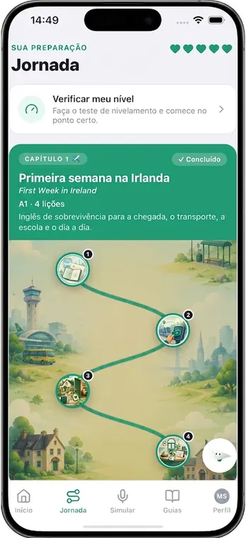 Tela Jornada do Departi, com o capítulo “Primeira semana na Irlanda”
