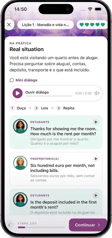 Lição do Departi: visitando um quarto antes de alugar, com diálogo em inglês e tradução